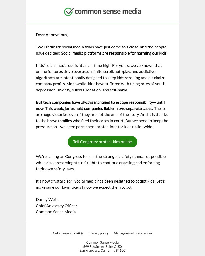 Screenshot of email sent to a Common Sense Newsletter subscriber