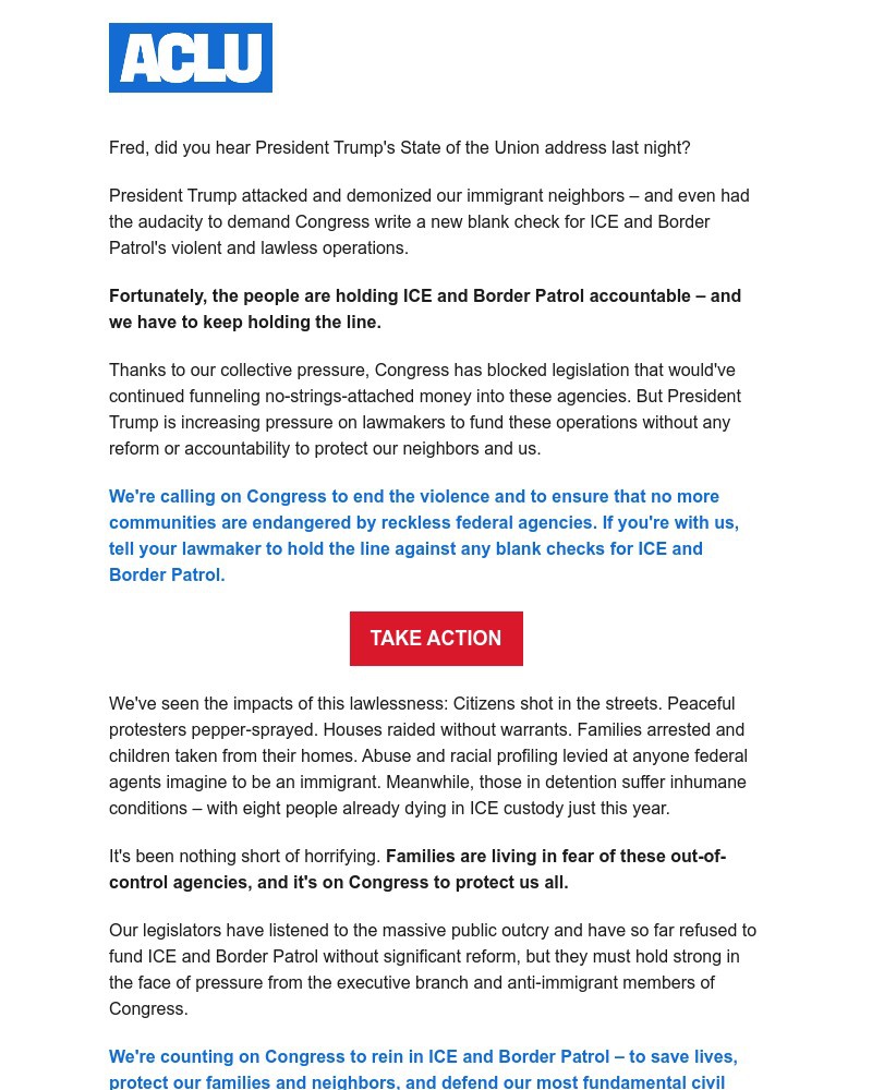 Screenshot of email sent to a American Civil Liberties Union Newsletter subscriber