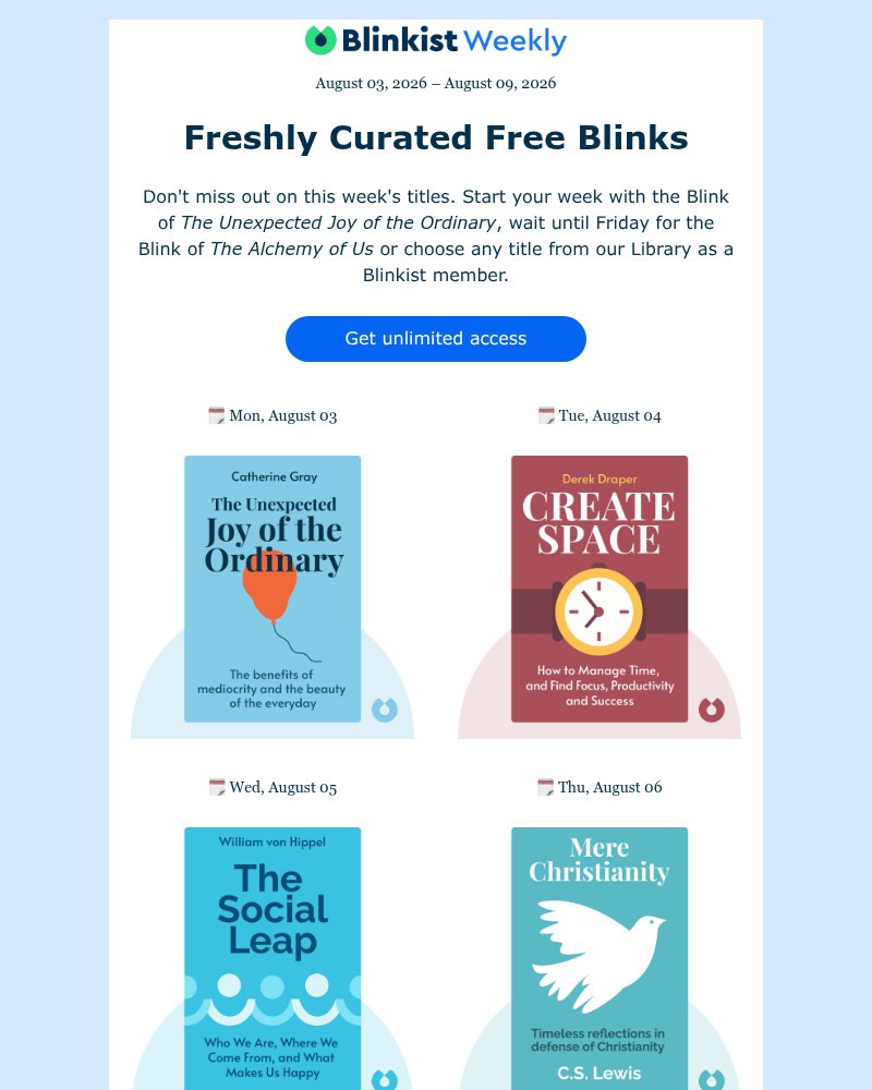 Screenshot of email sent to a Blinkist Registered user