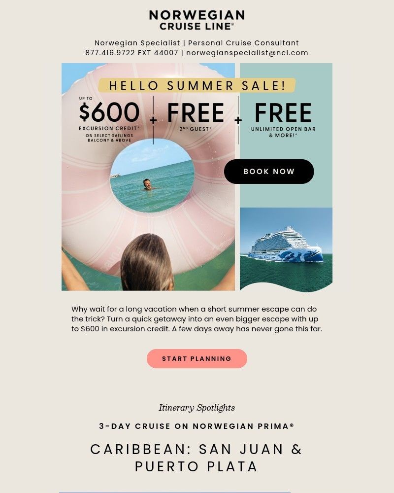 Screenshot of email sent to a Norwegian Cruise Line Newsletter subscriber