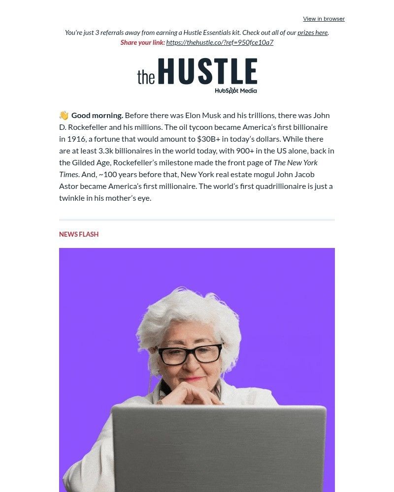 Screenshot of email sent to a The Hustle Newsletter subscriber