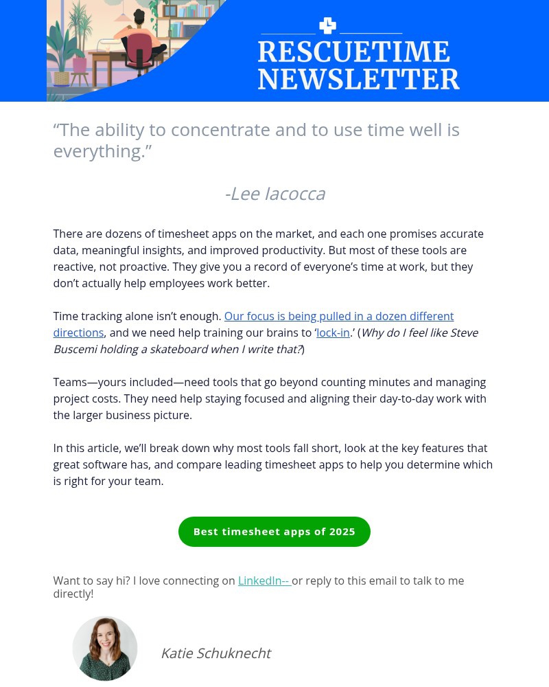 Screenshot of email sent to a RescueTime Newsletter subscriber