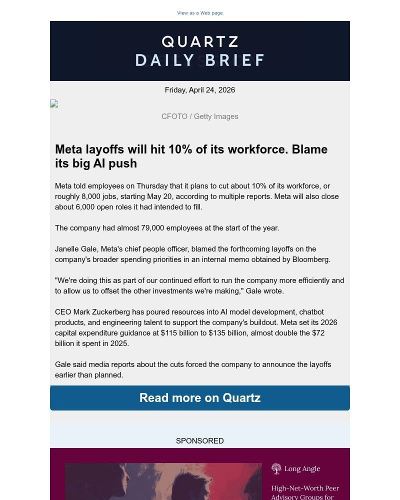 Screenshot of email sent to a Quartz Newsletter subscriber