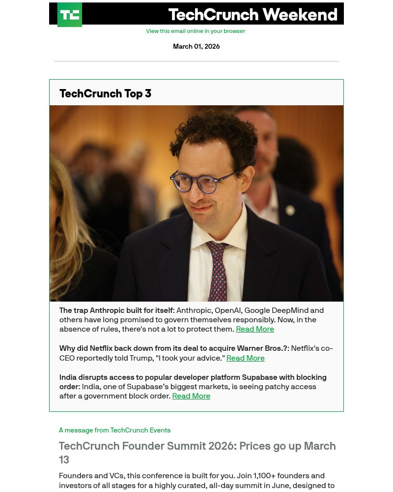 Screenshot of email sent to a Techcrunch Newsletter subscriber