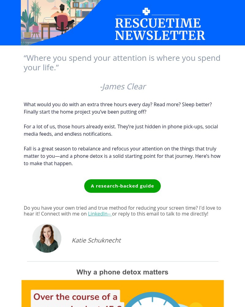 Screenshot of email sent to a RescueTime Newsletter subscriber