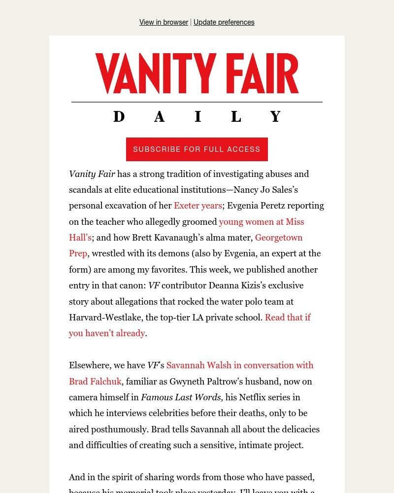 Screenshot of email sent to a Vanity Fair Newsletter subscriber