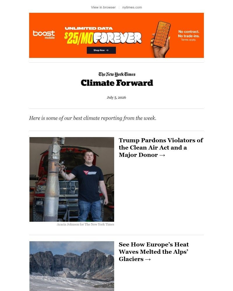 Screenshot of email sent to a The New York Times Customer