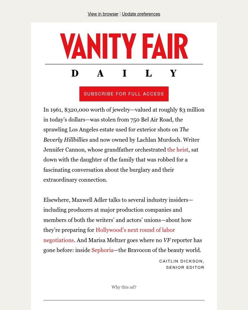 Screenshot of email sent to a Vanity Fair Newsletter subscriber