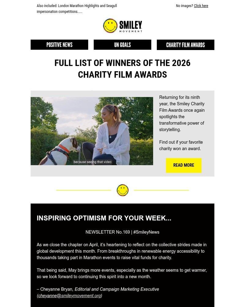 Screenshot of email sent to a Smiley Movement Newsletter subscriber