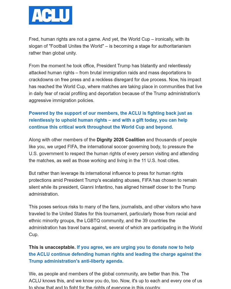 Screenshot of email sent to a American Civil Liberties Union Newsletter subscriber