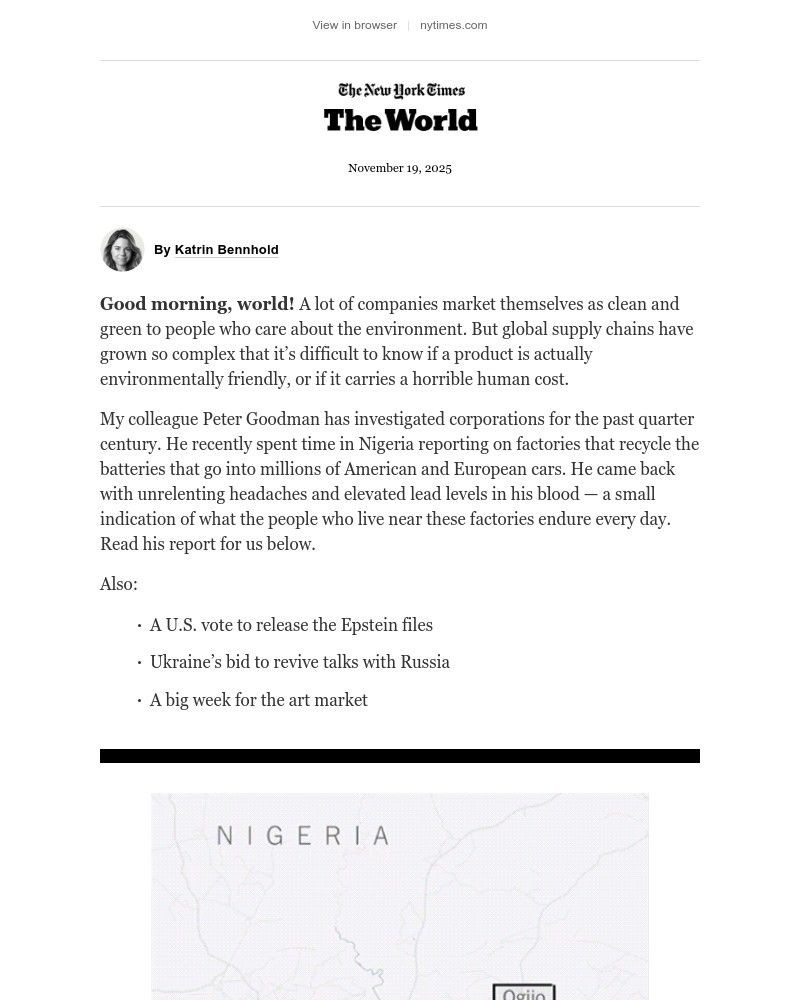 Screenshot of email sent to a The New York Times Customer