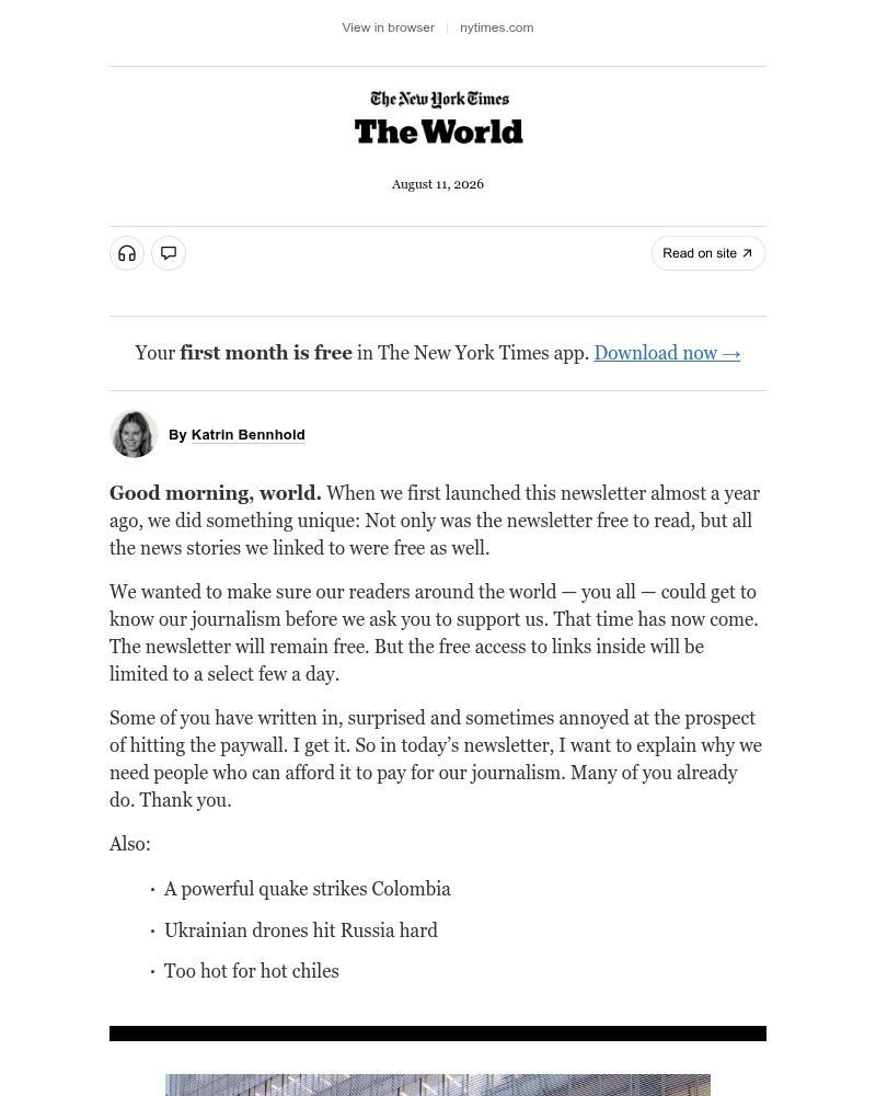 Screenshot of email sent to a The New York Times Customer