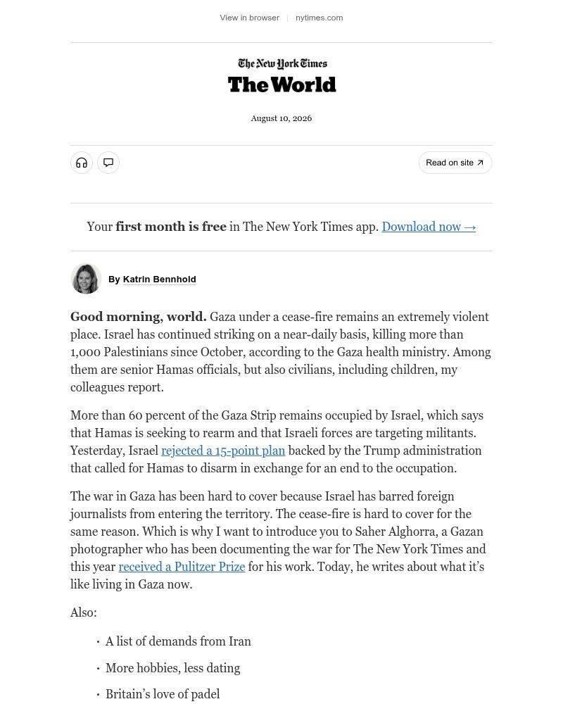 Screenshot of email sent to a The New York Times Customer