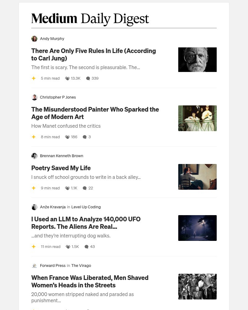 Screenshot of email sent to a Medium Registered user