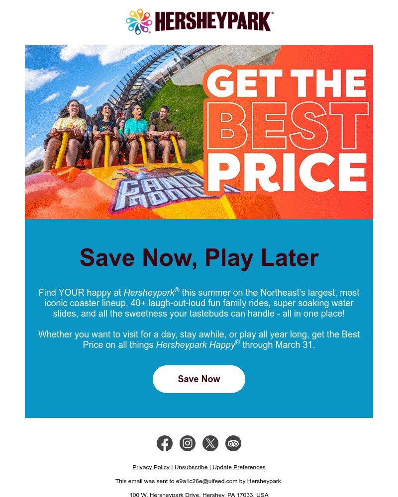 Screenshot of email sent to a Hershey Park Newsletter subscriber
