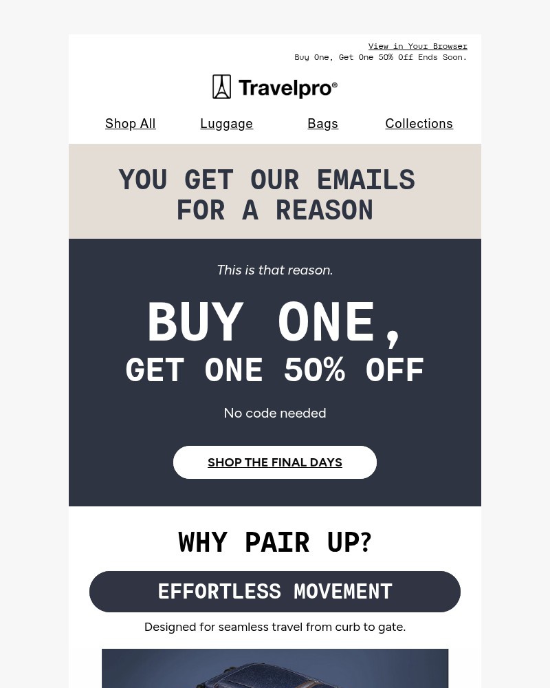 Screenshot of email sent to a Travelpro Newsletter subscriber