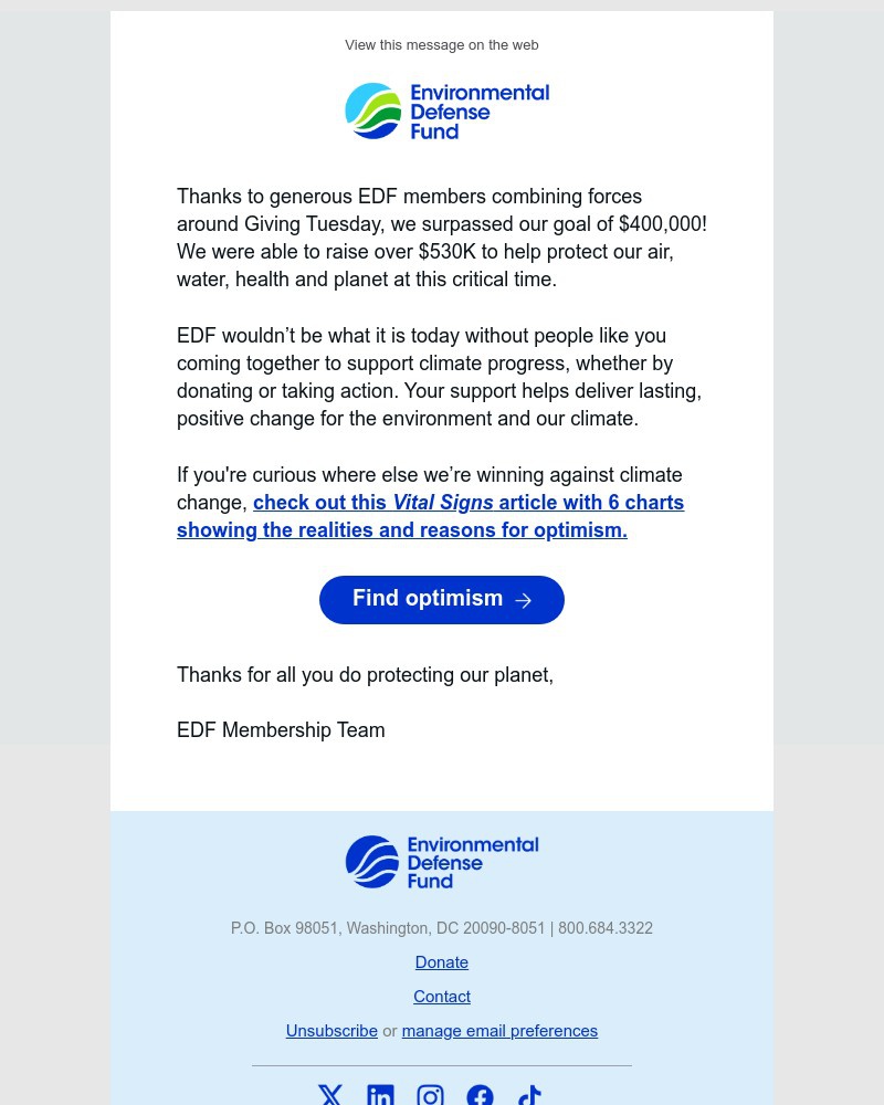 Screenshot of email sent to a Environmental Defense Fund Newsletter subscriber