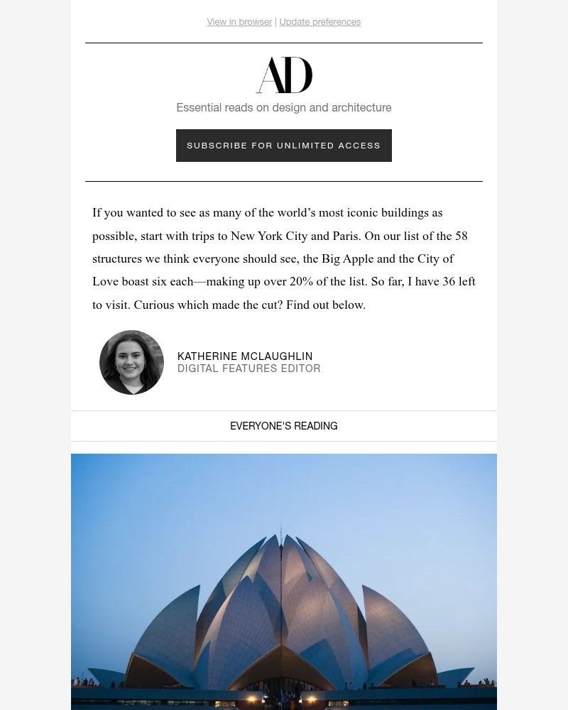 Screenshot of email sent to a Architectural Digest Newsletter subscriber