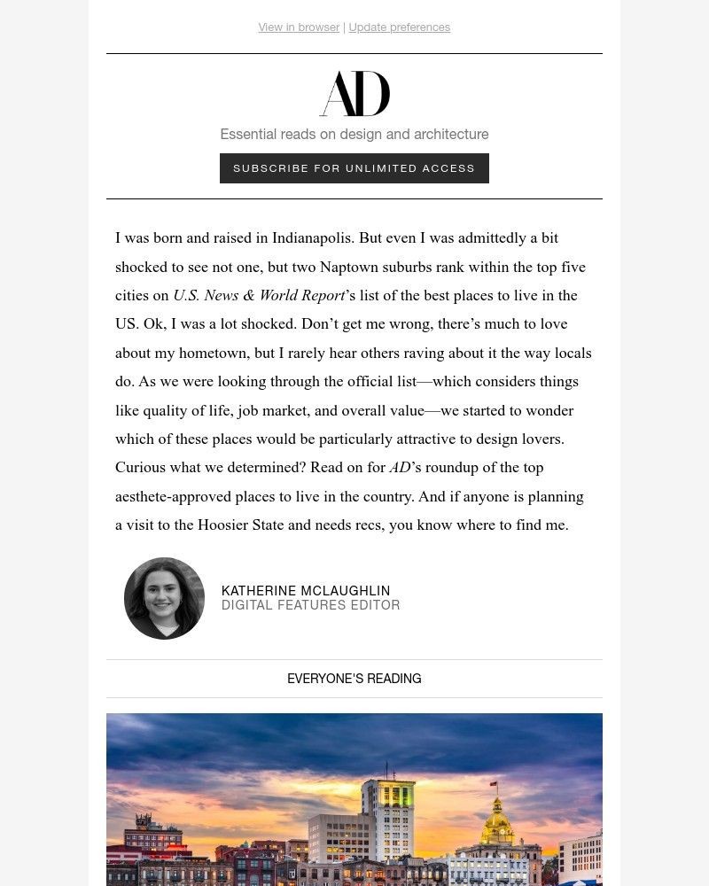 Screenshot of email sent to a Architectural Digest Newsletter subscriber