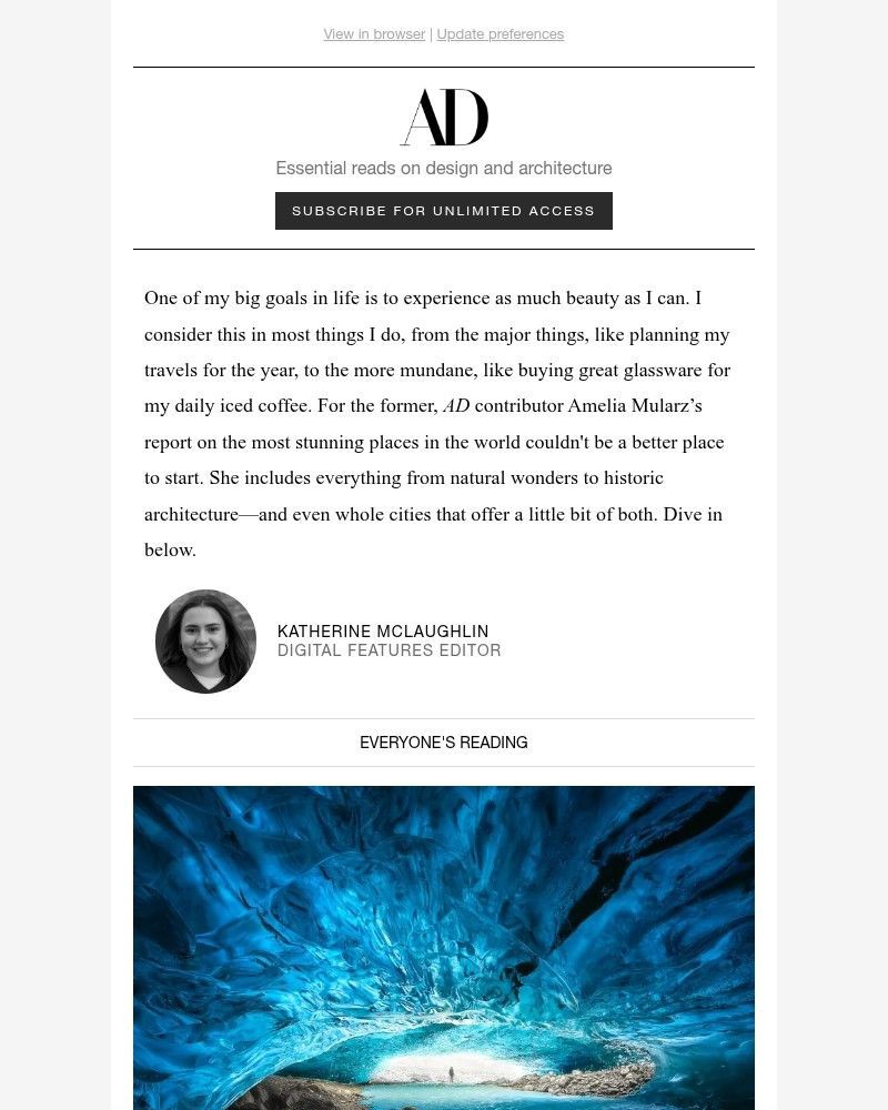 Screenshot of email sent to a Architectural Digest Newsletter subscriber