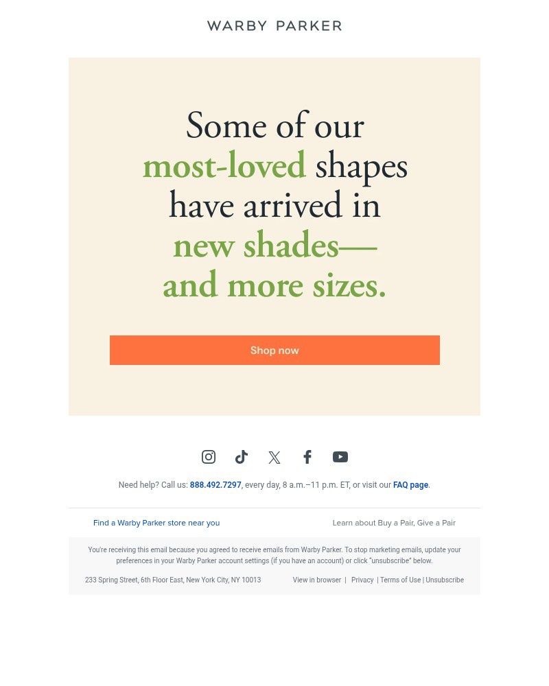 Screenshot of email sent to a Warby Parker Newsletter subscriber