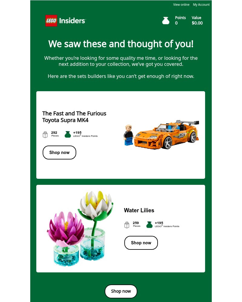 Screenshot of email sent to a Lego Registered user