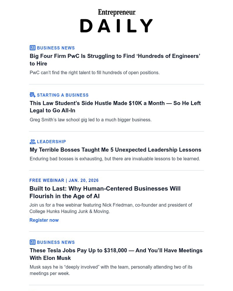 Screenshot of email sent to a Entrepreneur Newsletter subscriber