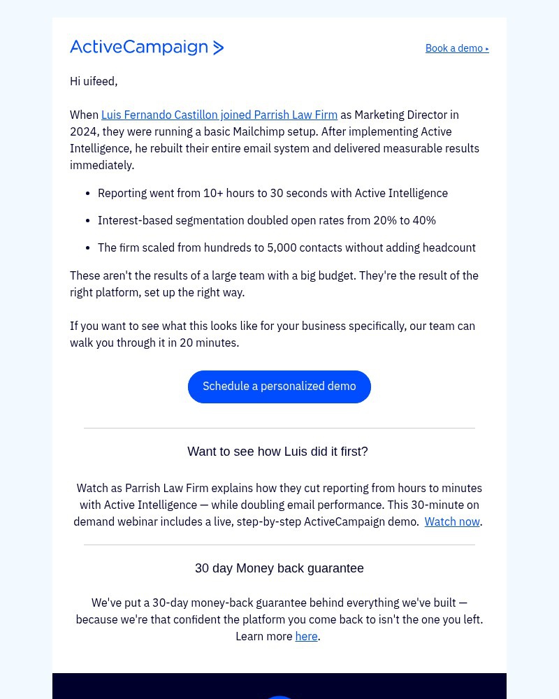 Screenshot of email sent to a ActiveCampaign Customer