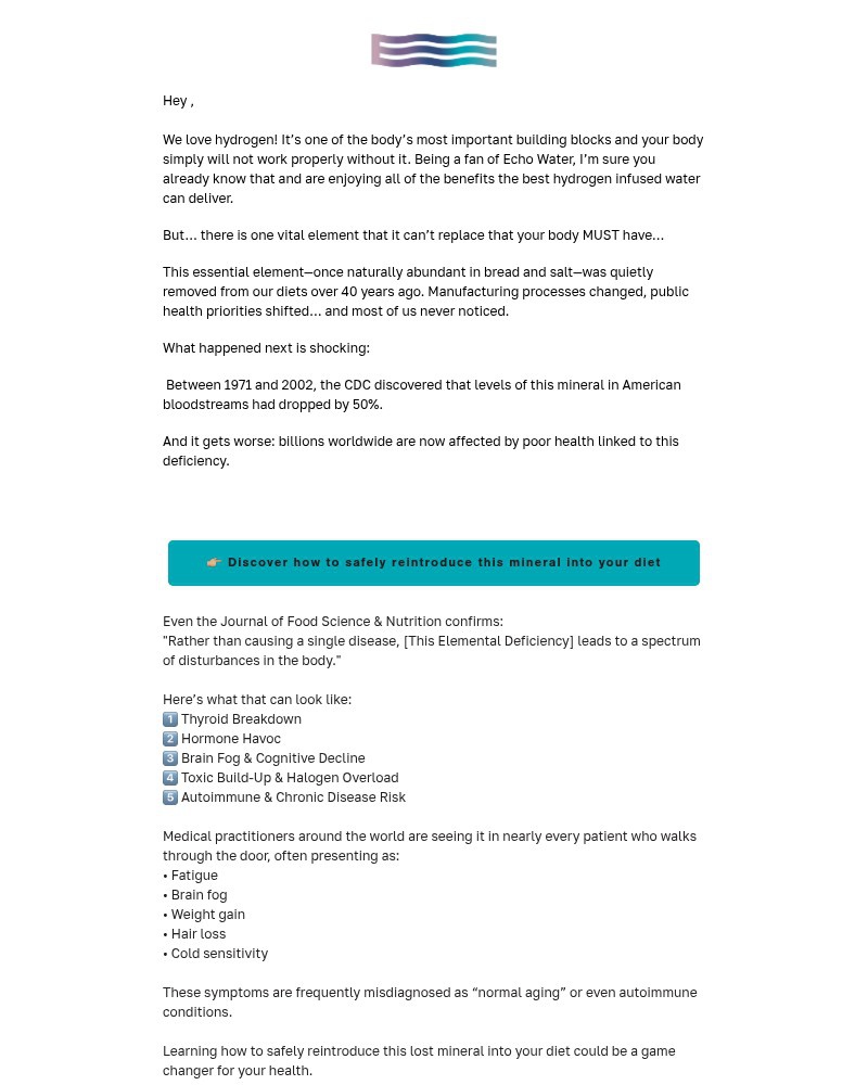 Screenshot of email sent to a Echo Water Newsletter subscriber