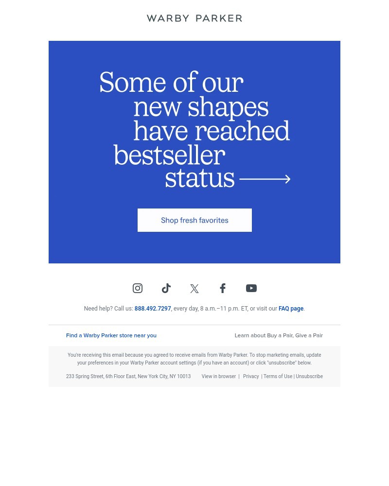 Screenshot of email sent to a Warby Parker Newsletter subscriber