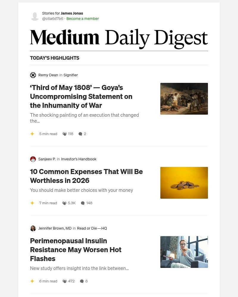Screenshot of email sent to a Medium Registered user