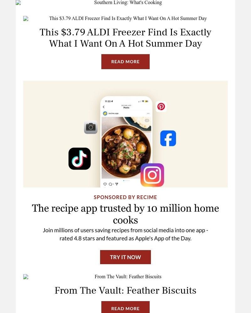 Screenshot of email sent to a Southern Living Newsletter subscriber