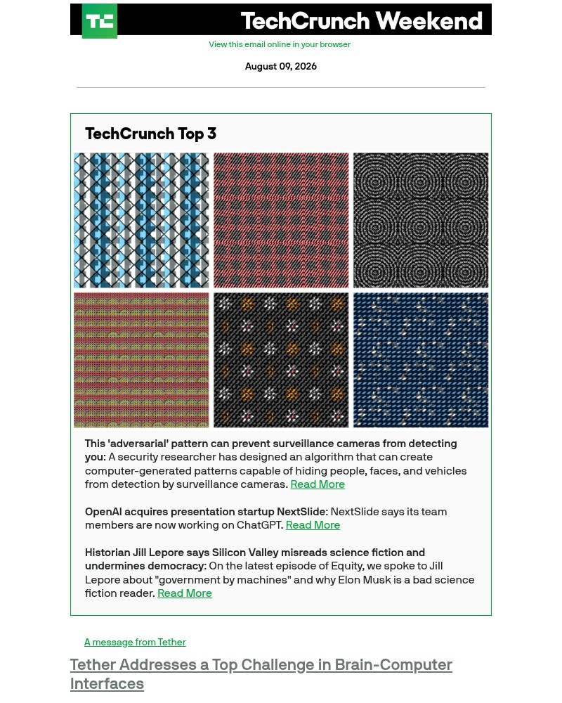 Screenshot of email sent to a Techcrunch Newsletter subscriber