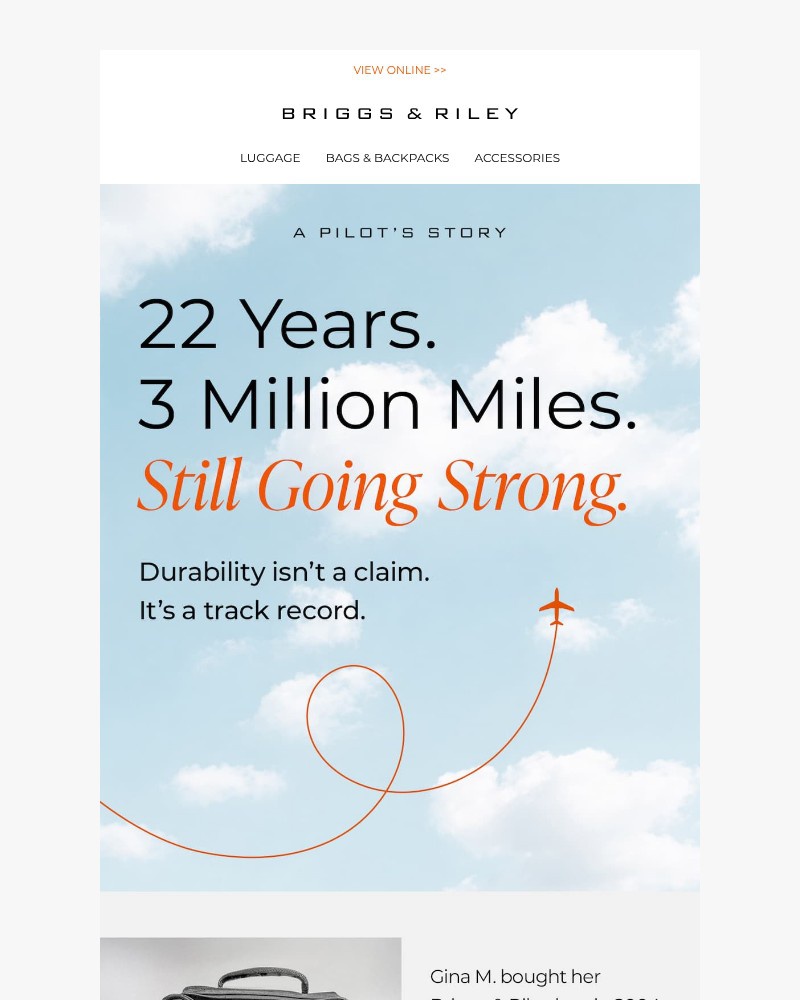 Screenshot of email sent to a Briggs & Riley Newsletter subscriber