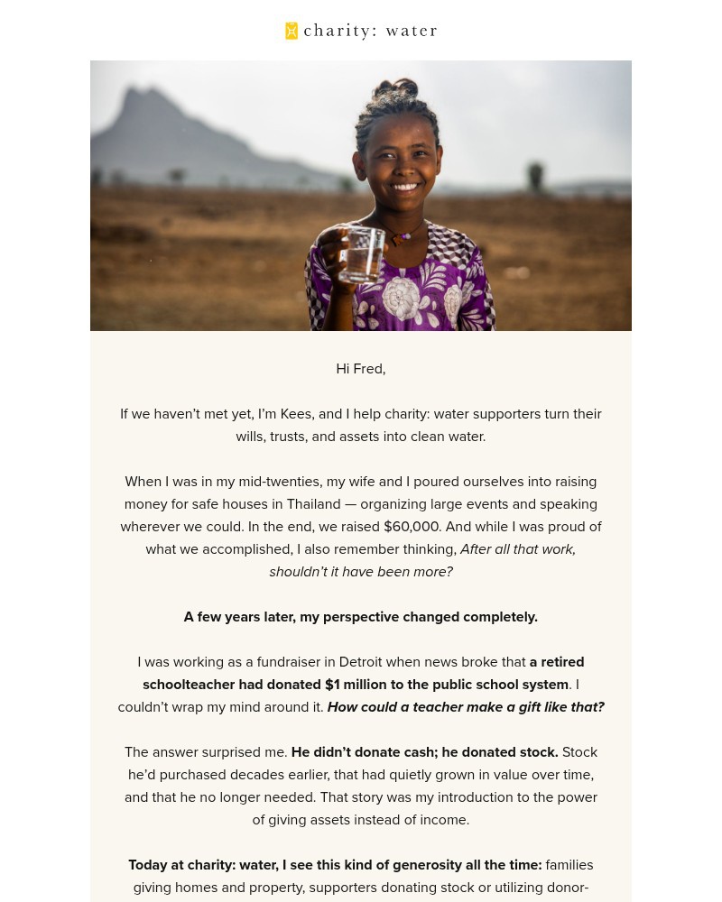Screenshot of email sent to a Charity Water Newsletter subscriber
