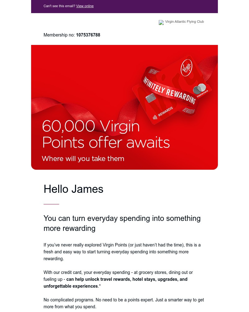 Screenshot of email sent to a Virgin Atlantic Registered user