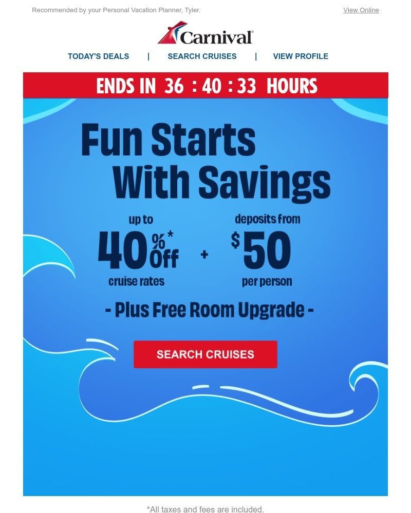 Screenshot of email sent to a Carnival Cruise Line Registered user