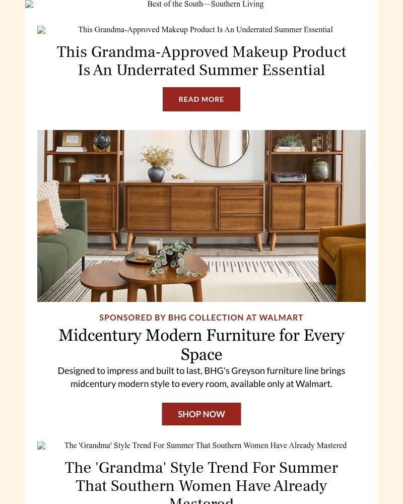 Screenshot of email sent to a Southern Living Newsletter subscriber