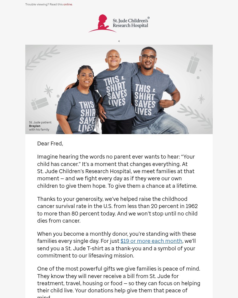 Screenshot of email sent to a St. Jude Newsletter subscriber