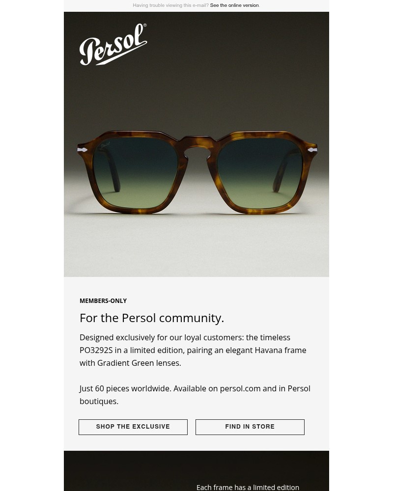 Screenshot of email sent to a Persol Newsletter subscriber