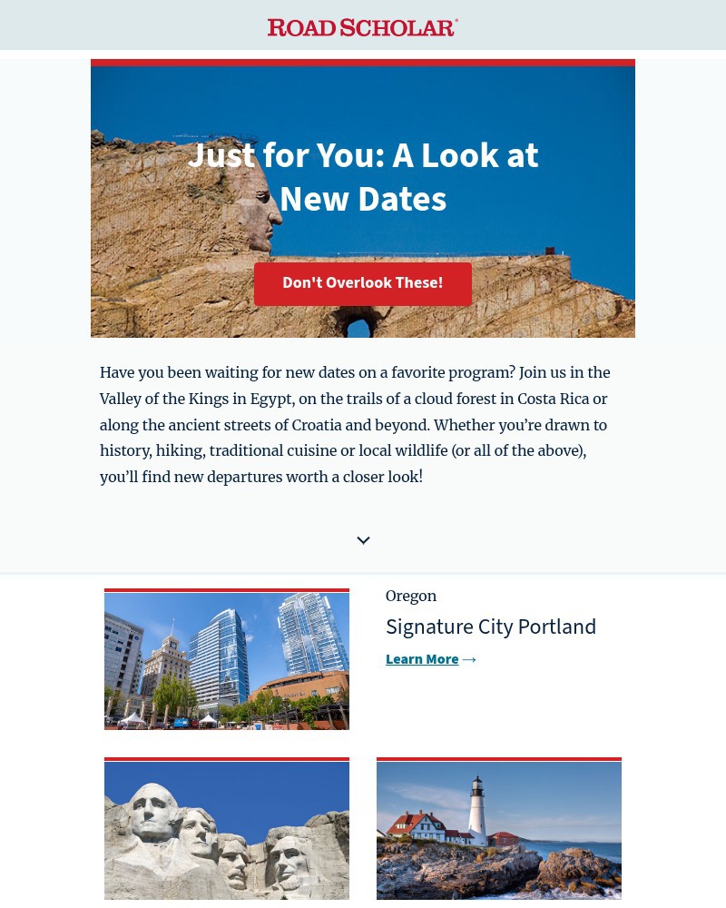 Screenshot of email sent to a Road Scholar Newsletter subscriber
