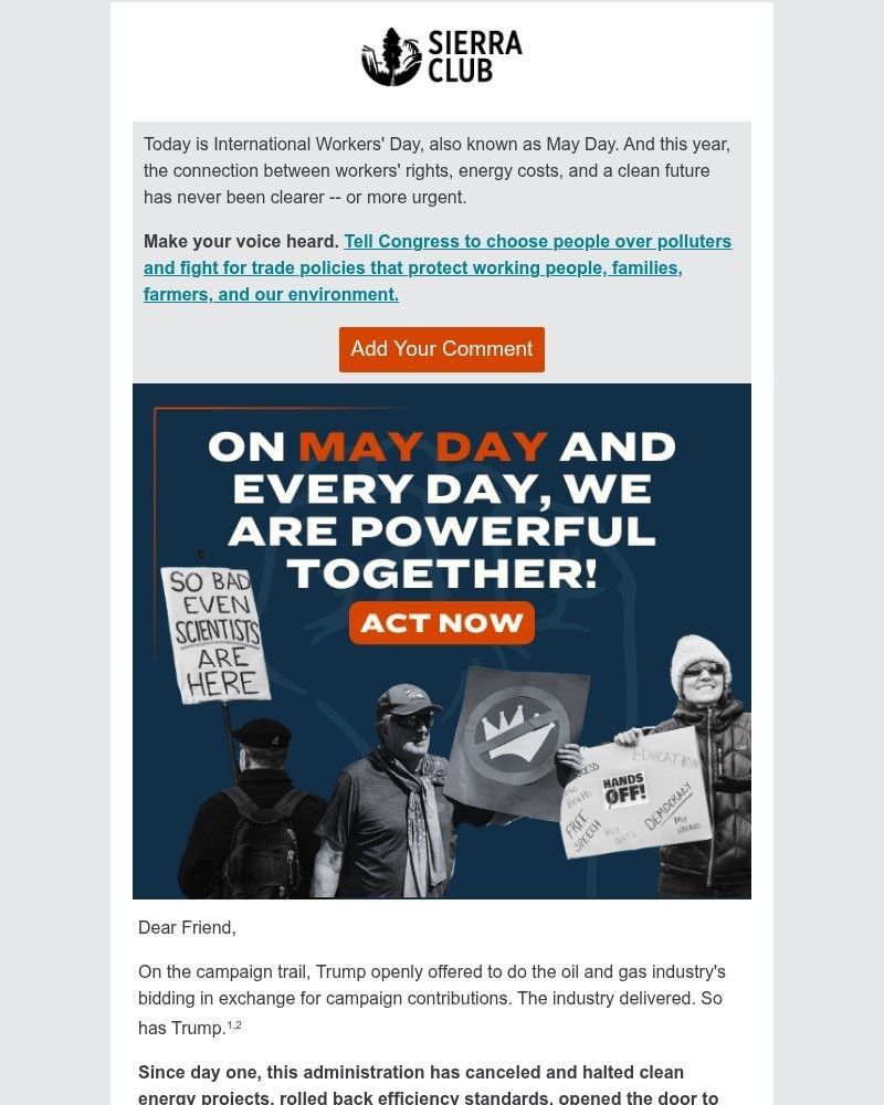 Screenshot of email sent to a Sierra Club Newsletter subscriber