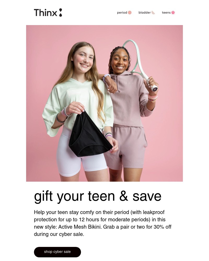 Screenshot of email sent to a Thinx Newsletter subscriber