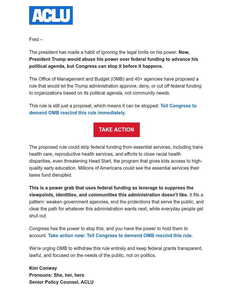 Screenshot of email sent to a American Civil Liberties Union Newsletter subscriber