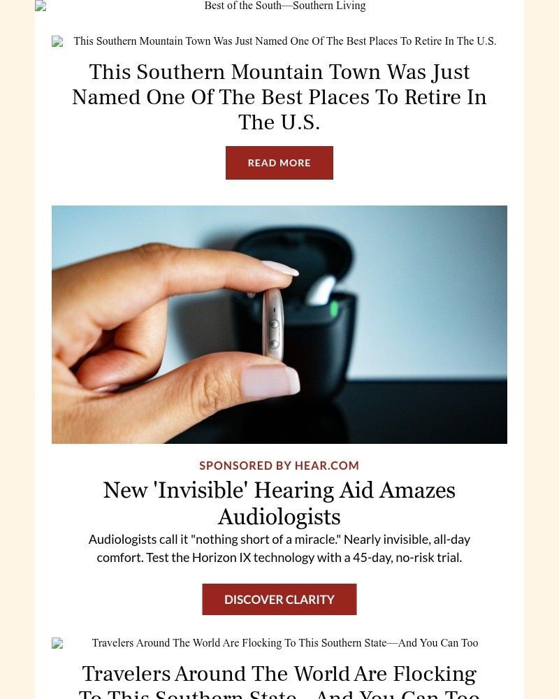 Screenshot of email sent to a Southern Living Newsletter subscriber