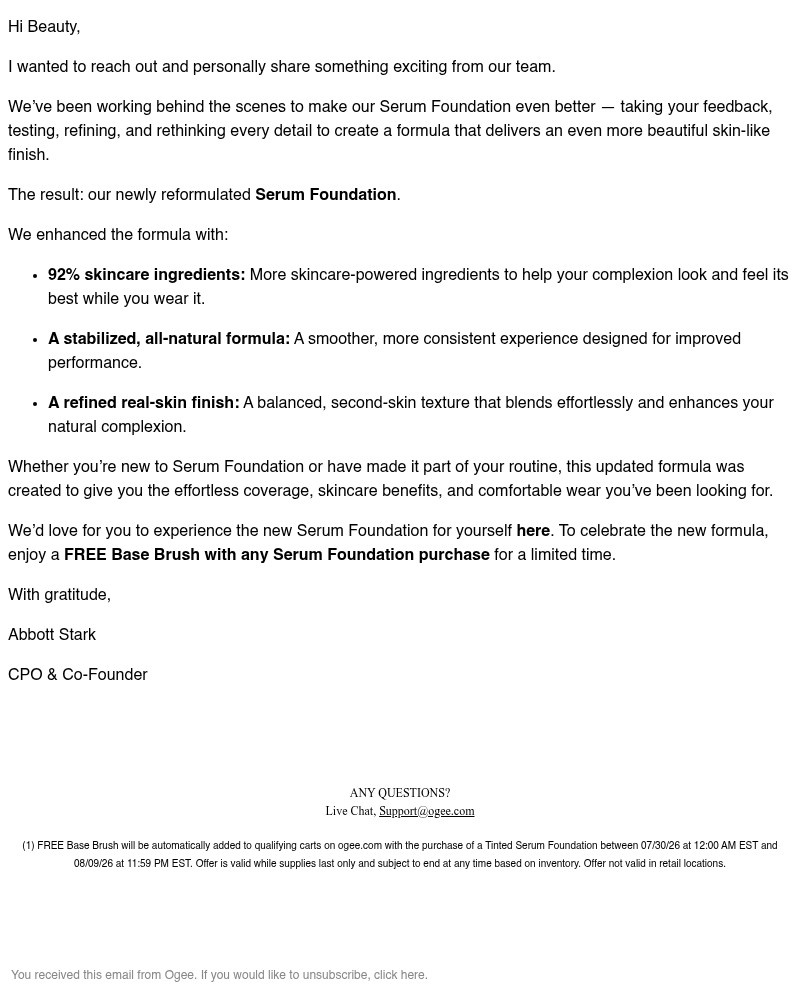 Screenshot of email sent to a Ogee Newsletter subscriber
