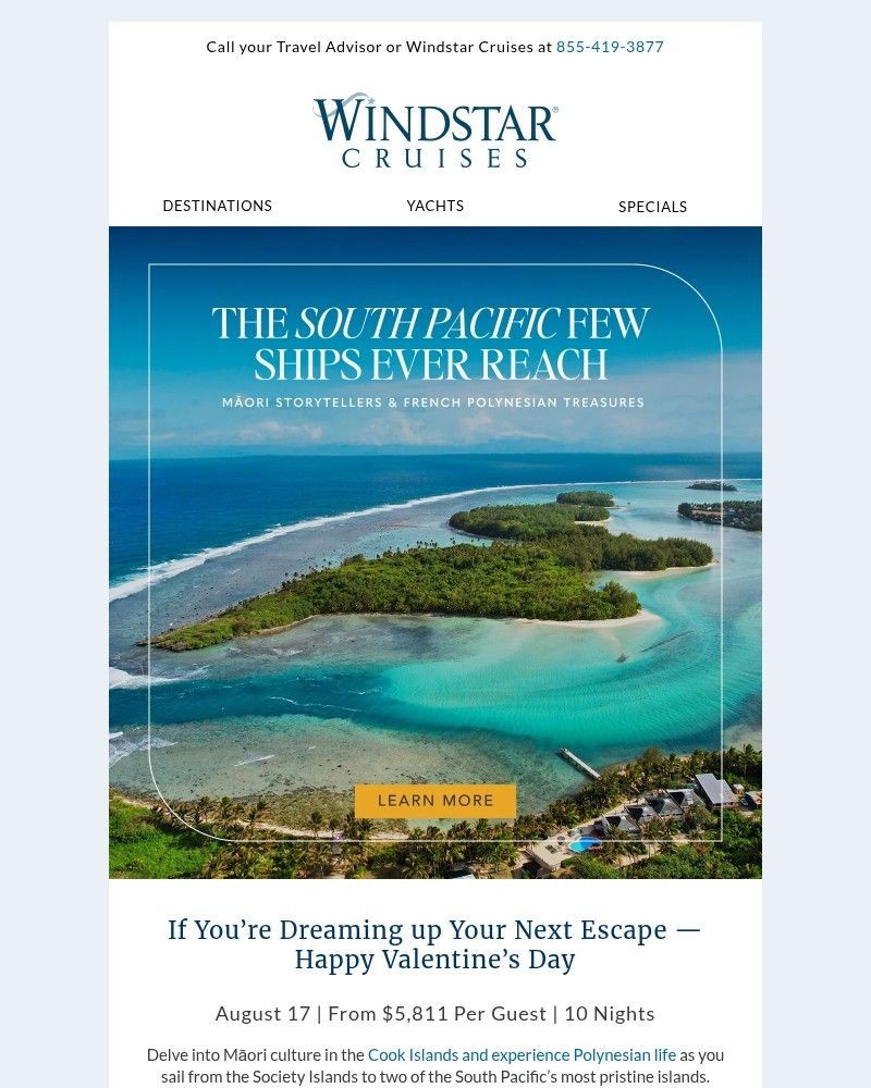 Screenshot of email sent to a Windstar Cruises Newsletter subscriber
