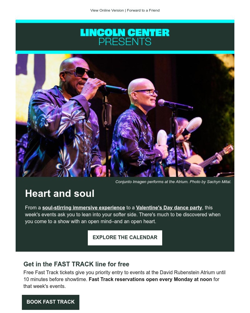 Screenshot of email sent to a Lincoln Center for the Performing Arts Newsletter subscriber