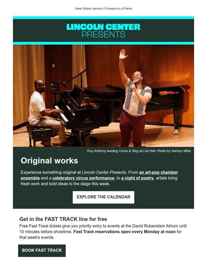 Screenshot of email sent to a Lincoln Center for the Performing Arts Newsletter subscriber