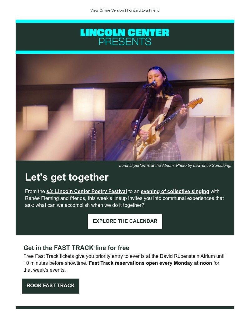 Screenshot of email sent to a Lincoln Center for the Performing Arts Newsletter subscriber